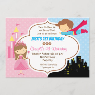 Princess Superheld Twins Birthday Invitations Kaart
