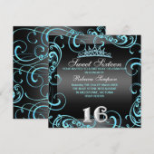 Princess Sweet 16 Blauw & Zwart Verjaardag Uitnodi Kaart (Voorkant / Achterkant)