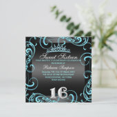 Princess Sweet 16 Blauw & Zwart Verjaardag Uitnodi Kaart (Staand voorkant)