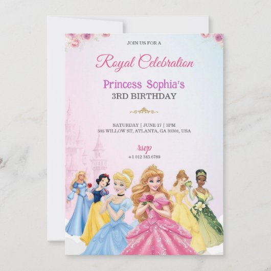 Princess-themed birthday invitation in pink colour (Devant)