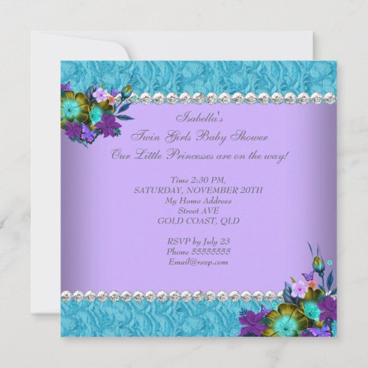 Princess Twin Baby shower Blauwgroen Blue Paars Kaart (Achterkant)