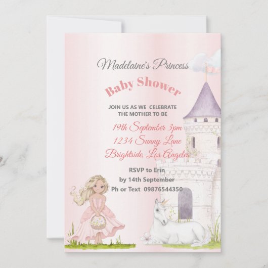 Princess Unicorn Pink Baby Girl Shower Kaart (Voorkant)