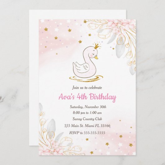 Princess zwan verjaardaguitnodiging roze goud kaart (Voorkant / Achterkant)