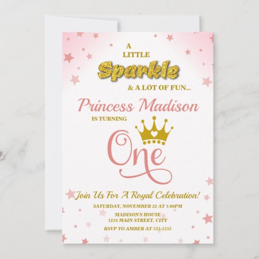 Princesse 1er Anniversaire Invitation Étincelle Or (Devant)
