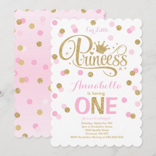 Princesse 1er Anniversaire Invitation Pink Gold In (Devant / Derrière)