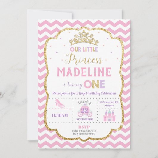 Princesse 1er anniversaire Invitations rose et or (Devant)
