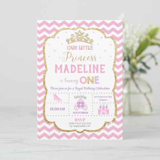 Princesse 1er anniversaire Invitations rose et or (Debout devant)