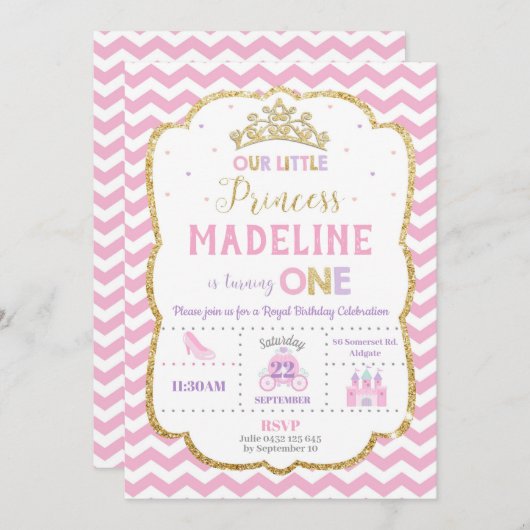 Princesse 1er anniversaire Invitations rose et or (Devant / Derrière)