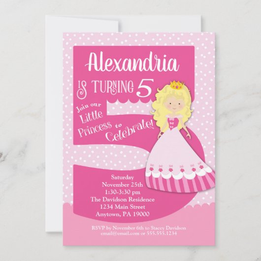 Princesse 5e anniversaire Invitation Blonde Girl (Devant)