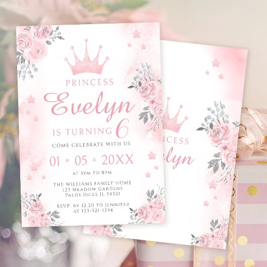 princesse argent rose invitation fille d'anniversa