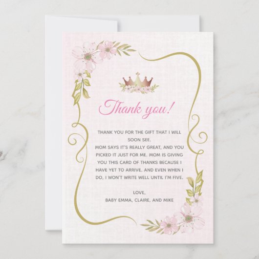 Princesse Baby shower Carte de remerciements (Devant)