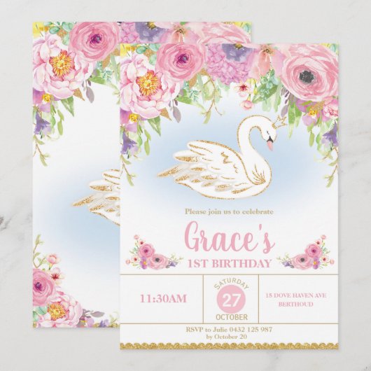 Princesse Birthday Invitation Floral Girl de cygne (Devant / Derrière)
