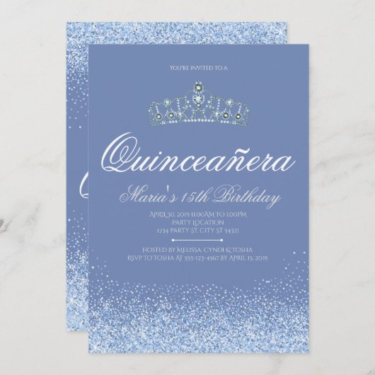 Princesse Blue Glitter Quinceanera Invitations (Devant / Derrière)