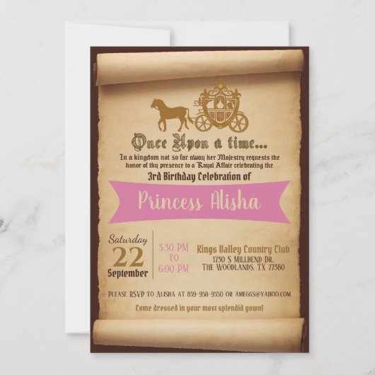 Princesse Carriage Invitation Anniversaire (Devant)