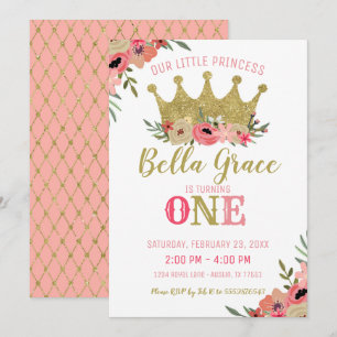 Princesse Crown Invitation Anniversaire Or rose
