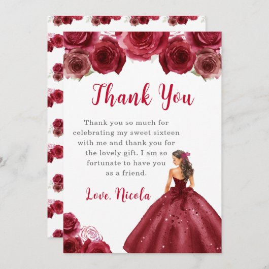 Princesse dans une robe rouge Sweet sixteen Merci (Devant / Derrière)