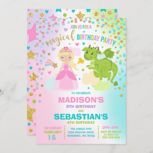 Princesse Et Dragon Anniversaire Invitation Frères (Devant / Derrière)