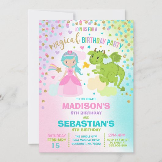Princesse Et Dragon Anniversaire Invitation Frères (Devant)