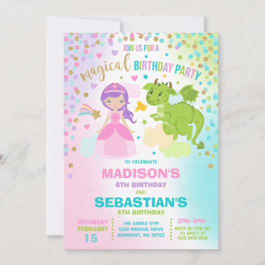 Princesse Et Dragon Anniversaire Invitation Frères (Devant)