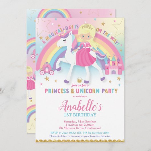 Princesse et licorne Invitations d'anniversaire Bl (Devant / Derrière)