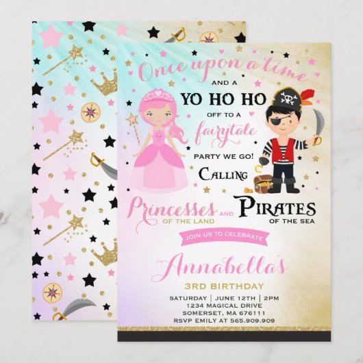 Princesse Et Pirate Invitation Anniversaire (Devant / Derrière)