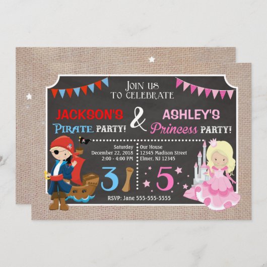 Princesse et Pirate Joint Invitation de jeudi (Devant / Derrière)