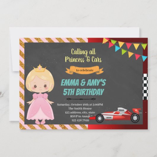Princesse et voiture de course cofête Invitation (Devant)