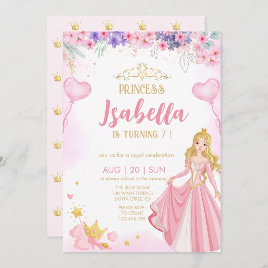 princesse Fille anniversaire Invitation (Devant / Derrière)