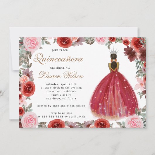 princesse florale bordeaux Quinceanera Invitation (Devant)