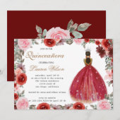 princesse florale bordeaux Quinceanera Invitation (Devant / Derrière)