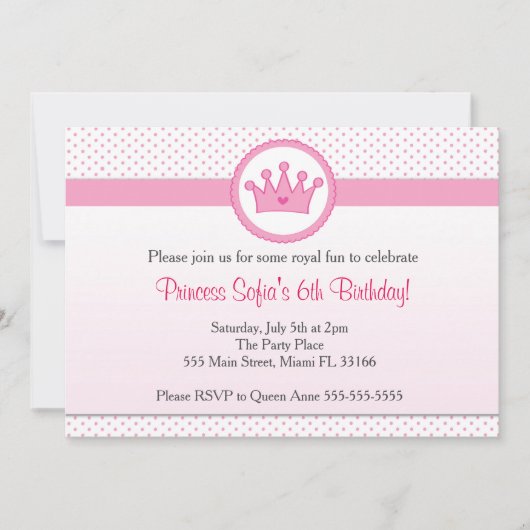 Princesse Invitation Fille Anniversaire Fête Couro (Devant)