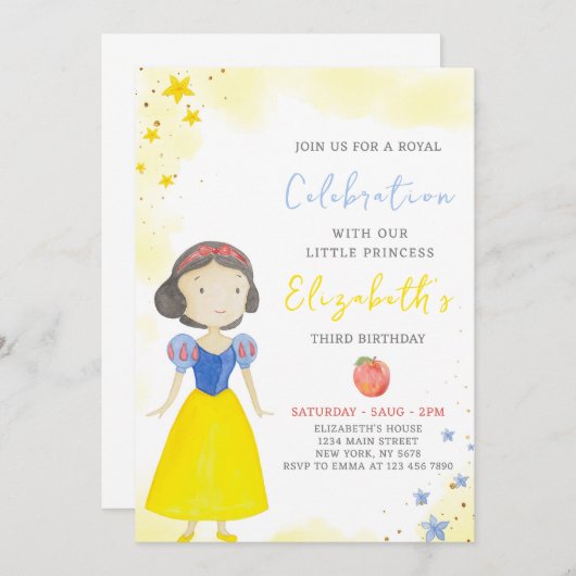 Princesse Jaune Invitation Anniversaire (Devant / Derrière)