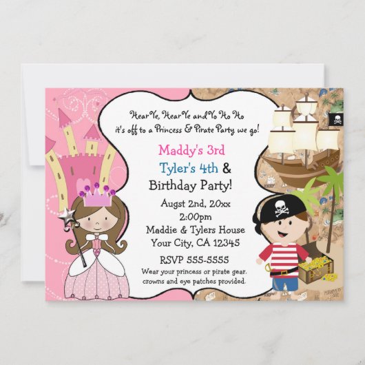 Princesse & Pirate Party Invitations Cheveux Brown (Devant)