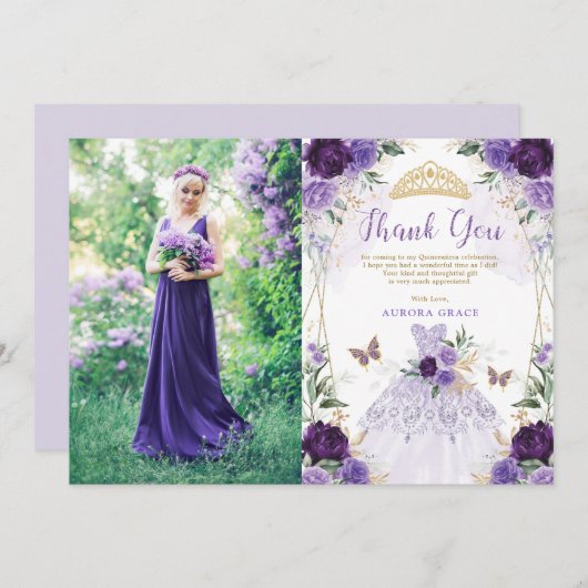 Princesse Quinceañera Carte de remerciements de ro (Devant / Derrière)