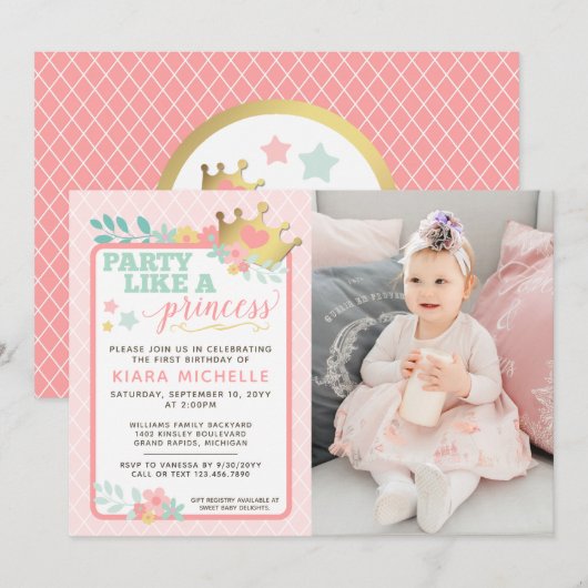 Princesse Rose Baby Girl Invitation premier annive (Devant / Derrière)