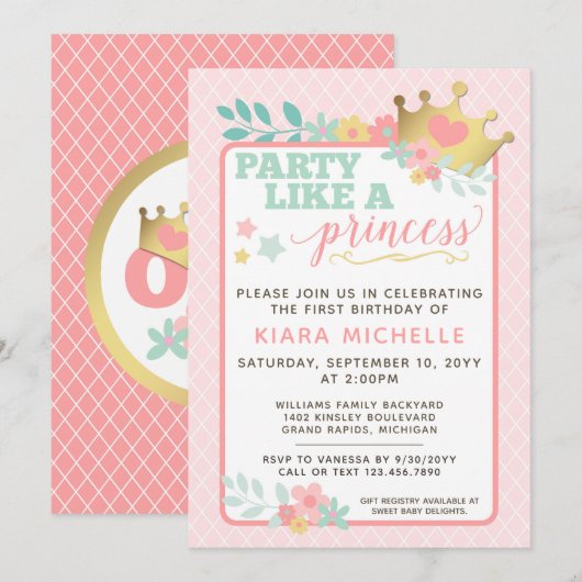 Princesse Rose Baby Girl Invitation premier annive (Devant / Derrière)