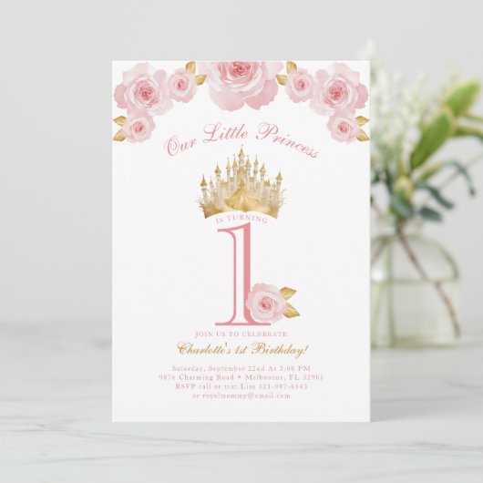 Princesse rose et or 1er anniversaire Invitation (Debout devant)