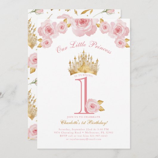Princesse rose et or 1er anniversaire Invitation (Devant / Derrière)