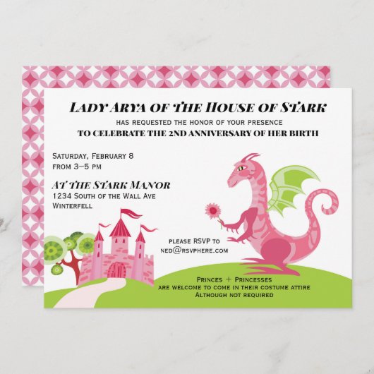 Princesse rose et verte Invitation d'anniversaire (Devant / Derrière)