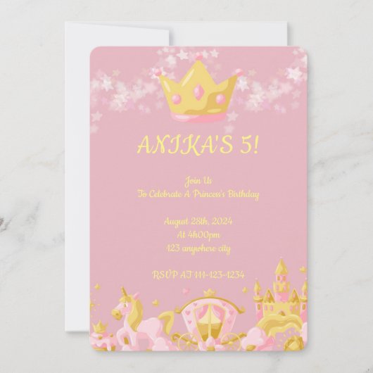 Princesse rose invitation d'anniversaire fille (Devant)