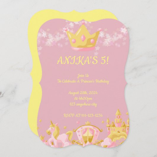 Princesse rose invitation d'anniversaire fille (Devant / Derrière)