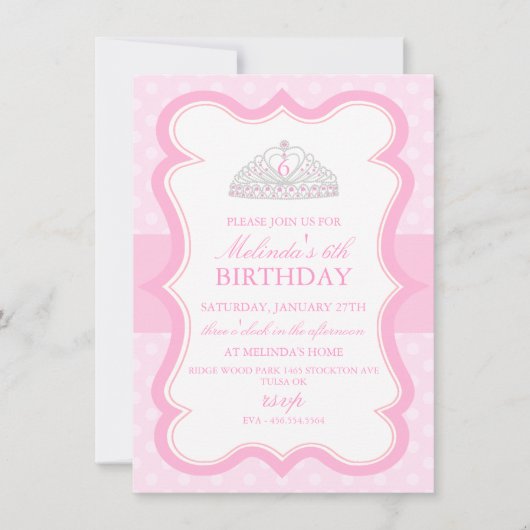 Princesse rose Tiara Girls Birthday Invitation (Devant)