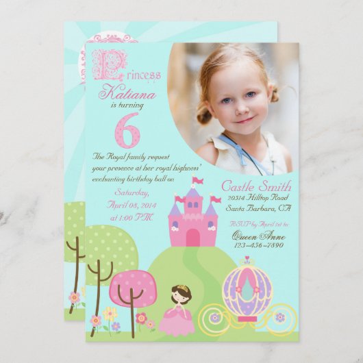 Princesse Sixth Birthday Invitation de conte de (Devant / Derrière)