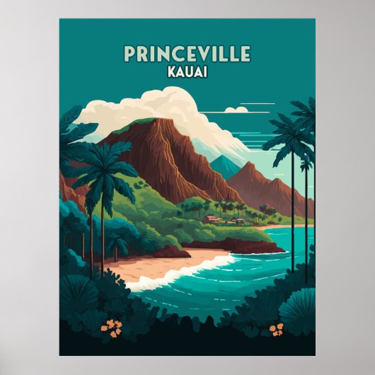 Princeville Kauai Hawaii Beach Mountains Retro Poster (Voorkant)