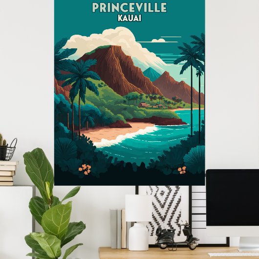 Princeville Kauai Hawaii Beach Mountains Retro Poster (Thuiskantoor)