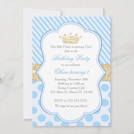 Prins Verjaardagsfeest Uitnodiging Blauw Goud Glit (Voorkant)