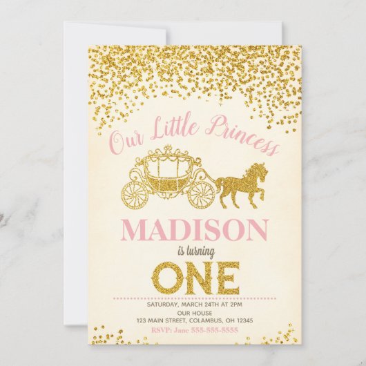 Prinses 1e verjaardag uitnodiging / glitter (Voorkant)