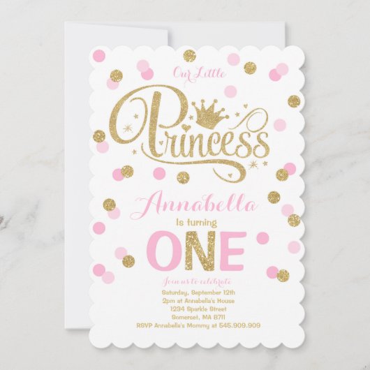 Prinses 1e Verjaardag Uitnodiging Roze Goud Uitnod (Voorkant)