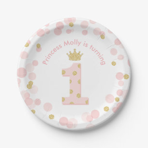 Prinses 1e Verjaardagsfeest Roze Gouden Confetti Papieren Bordje