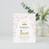 Prinses 2e verjaardag | Gouden & Roze Confetti Uitnodiging Briefkaart (Staand voorkant)